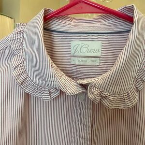 JCrew stripe blouse with ruffle collar and ruffle cuffs. Dark pink stripe.